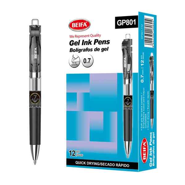 [E3468B] Lapicera de gel x12, NEGRO, punta 0.7, retráctil, en caja BEIFA