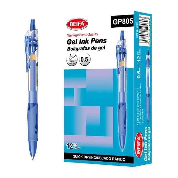 [E3470B] Lapicera de gel x12, AZUL, punta 0.5, retráctil, en caja BEIFA