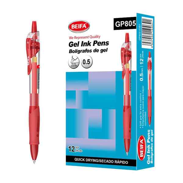 [E3470C] Lapicera de gel x12, ROJO, punta 0.5, retráctil, en caja BEIFA