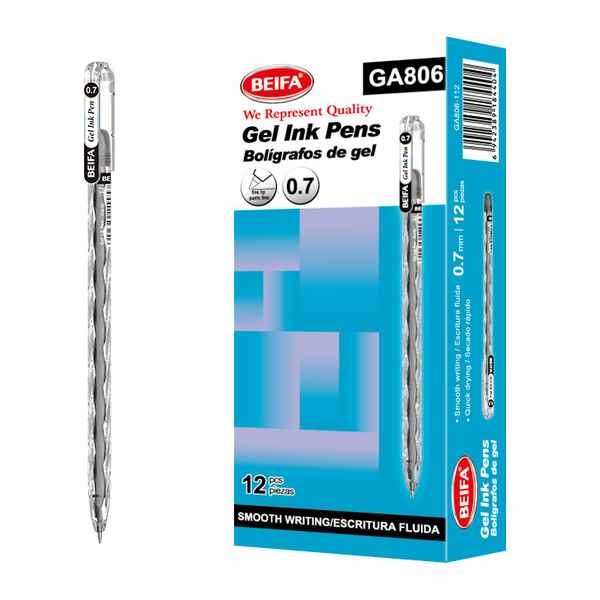 [E3473A] Lapicera de gel x12, NEGRO, punta 0.7, en caja, BEIFA