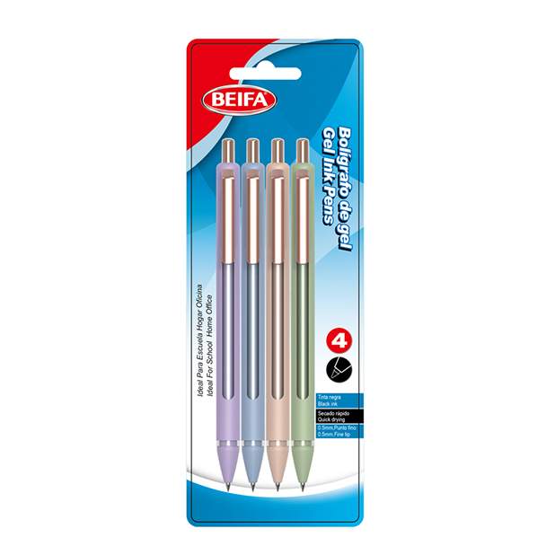[E3474] Lapicera de gel x4, NEGRO, punta 0.5, retráctil, en blister, BEIFA
