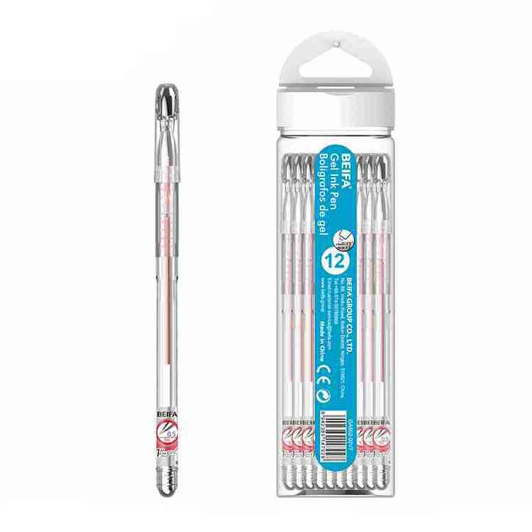 [E3475C] Lapicera de gel x12, ROJO, punta 0.5, en tubo de plástico, BEIFA