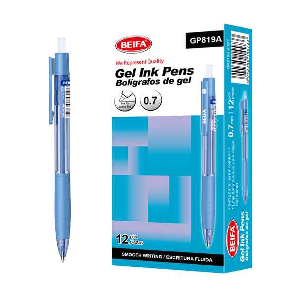 [E3476] Lapicera de gel x12, AZUL, punta 0.7, retráctil, en caja BEIFA