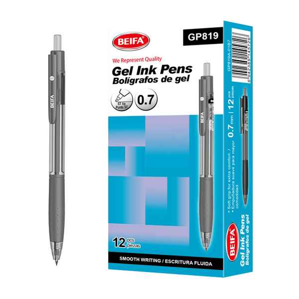 [E3477A] Lapicera de gel x12, NEGRO, punta 0.7, retráctil, en caja BEIFA