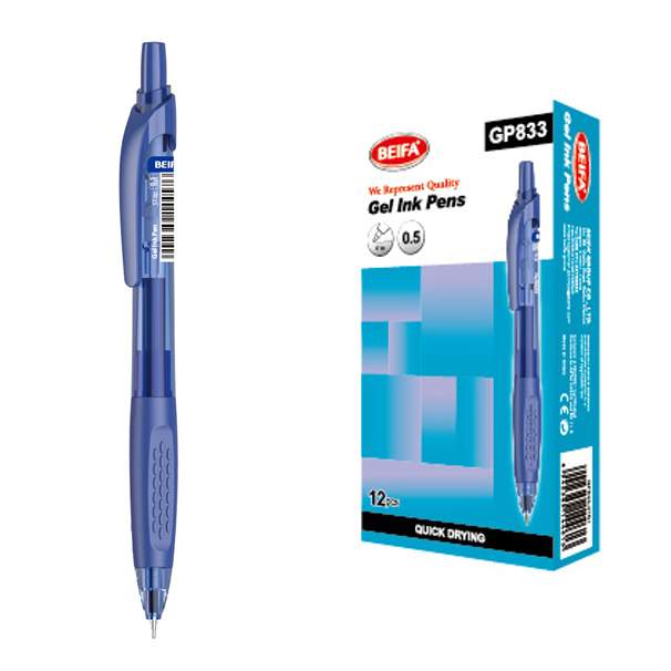 [E3478B] Lapicera de gel x12, AZUL, punta 0.5, retráctil, en caja BEIFA