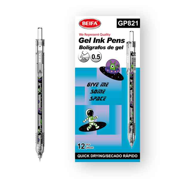 [E3479A] Lapicera de gel x12, NEGRO, punta 0.5, retráctil con diseño infantil, en caja BEIFA