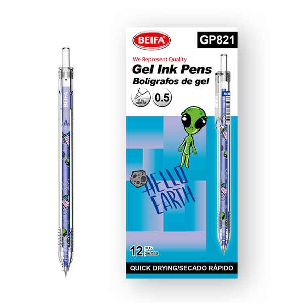 [E3479B] Lapicera de gel x12, AZUL, punta 0.5, retráctil con diseño infantil, en caja BEIFA