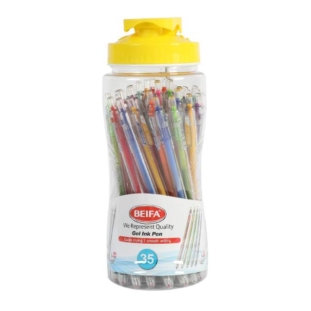 [E3480] Lapicera de gel x36, NEGRO, punta 0.5, en botella de plástico, BEIFA varios colores de tapa