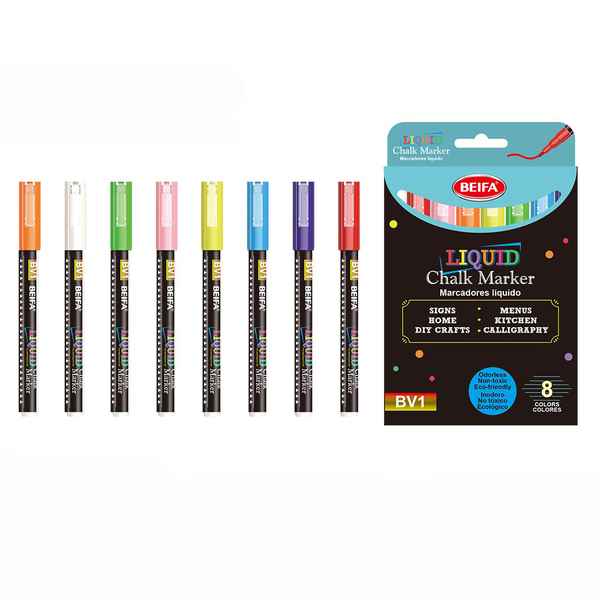 [E3484] Marcadores tiza líquida, x8 colores, punta redonda en caja BEIFA
