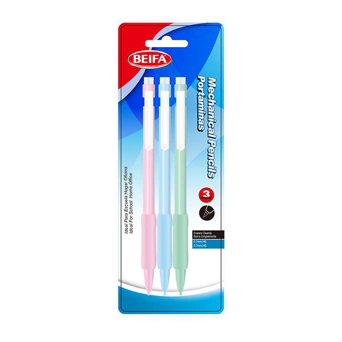 [E3485] Lápiz mecánico de plástico x3, con goma punta 0.7mm, HB, en blister BEIFA