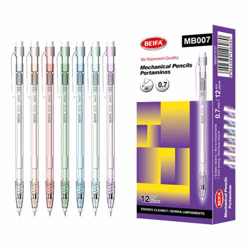 [E3489] Lápiz mecánico de plástico x12, con goma, punta 0.7mm, en caja BEIFA