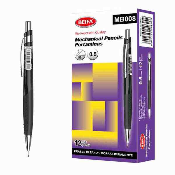 [E3490] Lápiz mecánico de metal y plástico x12 con goma, punta 0.5mm, en caja BEIFA