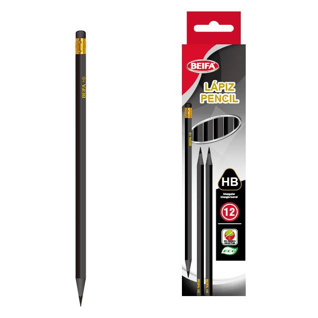 [E3510] Lápiz negro HB x12, con goma, triangular, en caja BEIFA