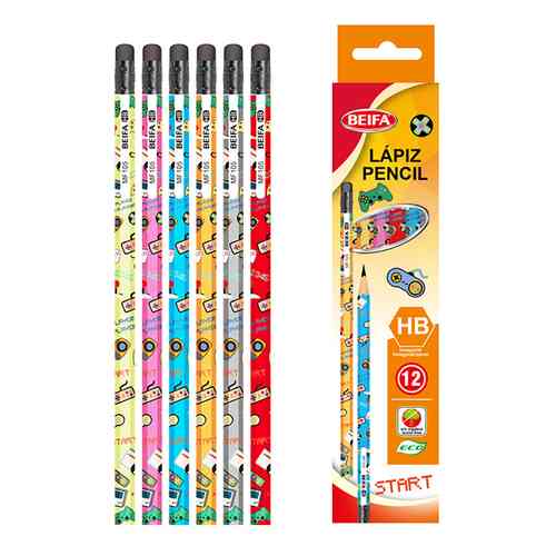 [E3513] Lápiz negro HB x12, con goma, hexagonal con diseño, en caja BEIFA