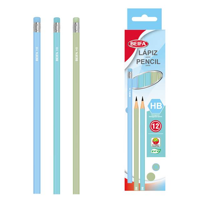 [E3515] Lápiz negro HB x12, con goma, hexagonal, en caja BEIFA