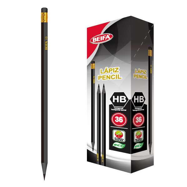 [E3521] Lápiz negro HB x36, con goma, triangular, en caja BEIFA