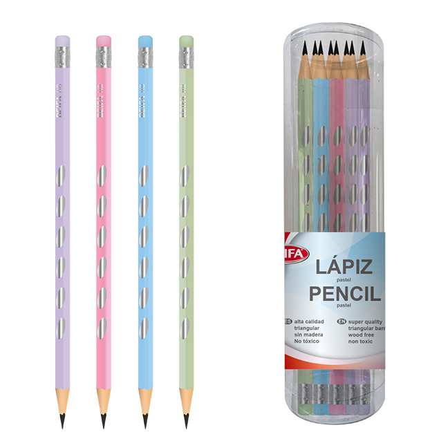 [E3524] Lápiz negro HB x24, con goma, triangular con diseños, en tubo de plástico BEIFA