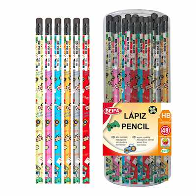 [E3526] Lápiz negro HB x48, con goma, hexagonal, con diseño, en tubo de plástico BEIFA