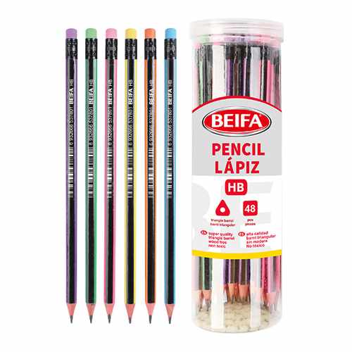 [E3527] Lápiz negro HB x48, con goma, triangular, en tubo de plástico BEIFA