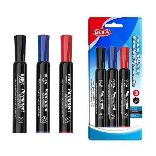 [E3531] Marcador permanente x3, colores punta biselada, en blister BEIFA