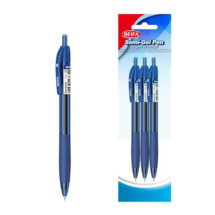 [E3540] Lapicera semigel x3, AZUL, punta 0.7, retráctil, en bolsa BEIFA