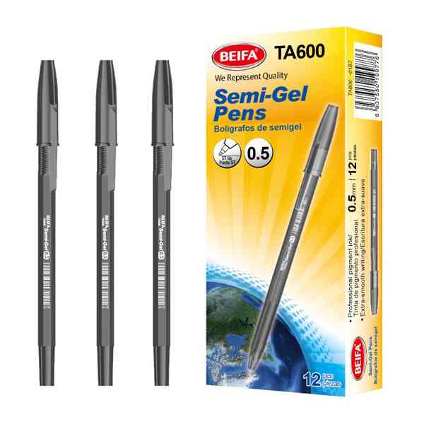 [E3545A] Lapicera semigel x12, NEGRO, punta 0.5, en caja, BEIFA