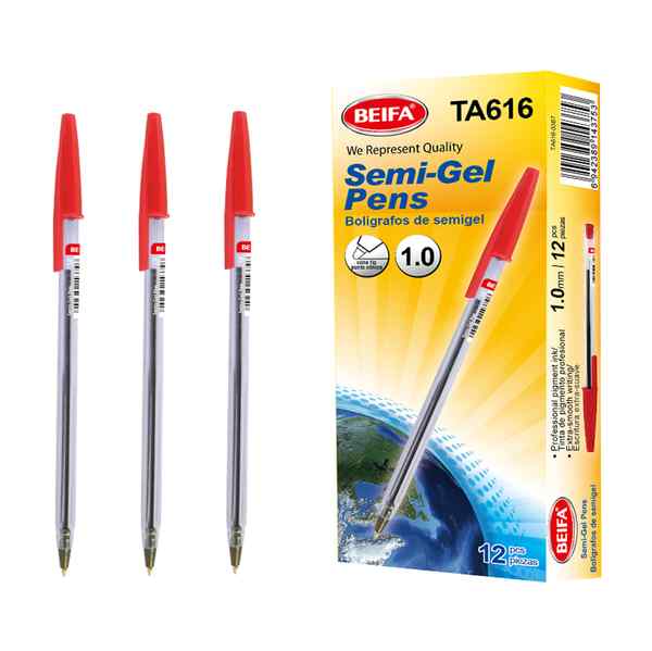 [E3549] Lapicera semigel x12, ROJO, punta 1.0, en caja, BEIFA
