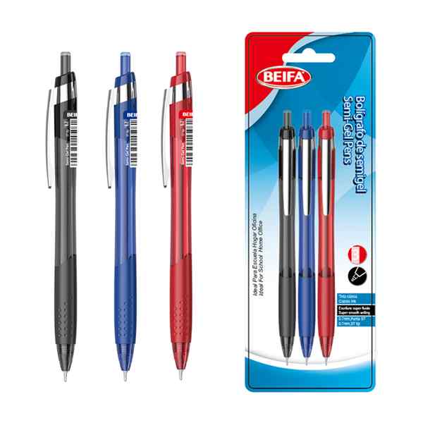 [E3555] Lapicera semigel x3, SURTIDO, punta 0.7, retráctil, en blister, BEIFA
