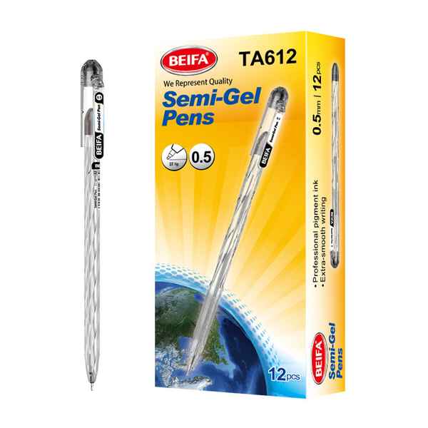 [E3563A] Lapicera semigel x12, NEGRO, punta 0.5, en caja, BEIFA
