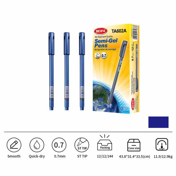 Lapicera semigel x12, AZUL, punta 0.7, en caja, BEIFA