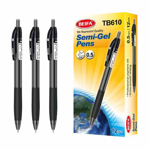 [E3568A] Lapicera de gel x12, NEGRO, punta 0.5, retráctil, en caja BEIFA