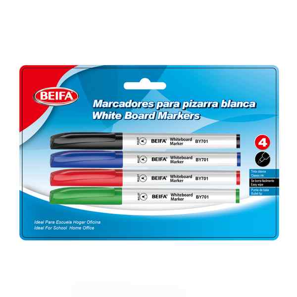 [E3595] Marcador de pizarra x4, colores, punta redonda, en blister BEIFA