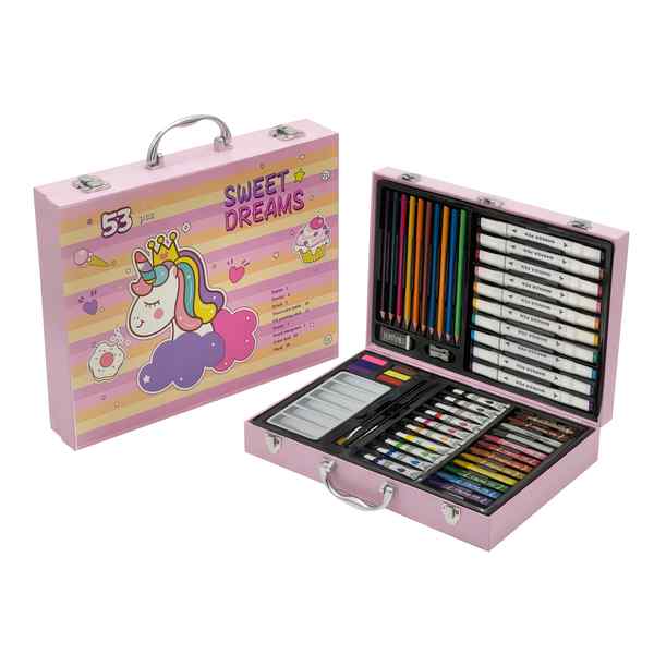 [E3658] Valija de arte infantil, 53 piezas, contiene lápices de colores, marcadores doble punta, pinturas al agua, acuarelas, óleo pastel y accesorios, varios diseños