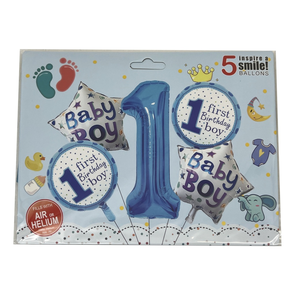 [G2963] Globo metalizado x5 con N°1 celeste, en bolsa