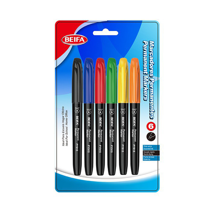 [E3629] Marcador permanente x6, colores punta redonda, en blister, BEIFA