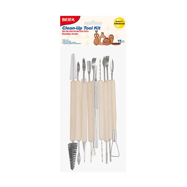 [E3654] Estecas para modelar arcilla x11, de metal con mango de madera, en bolsa, BEIFA