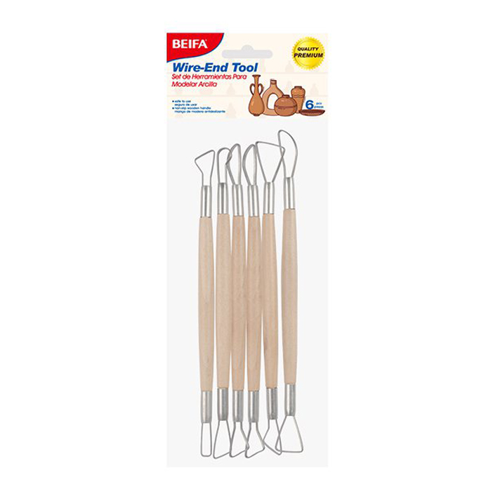 [E3655] Estecas para modelar arcilla x6, de metal con mango de madera, en bolsa, BEIFA