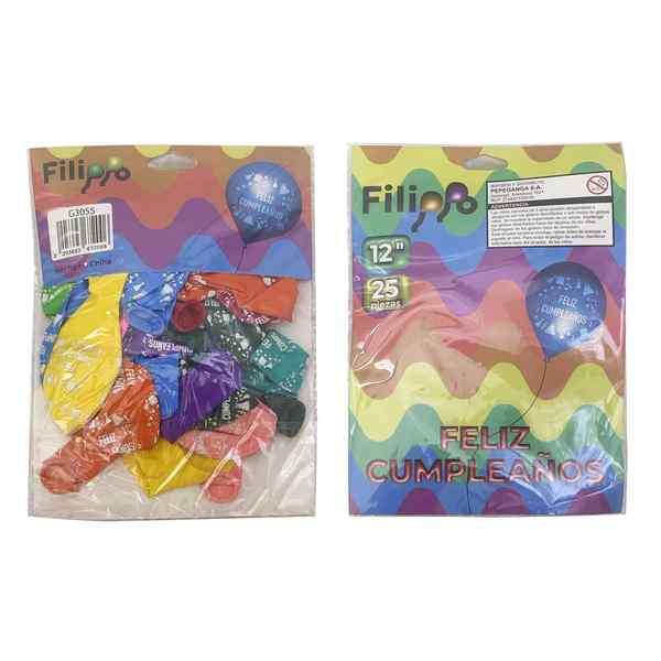 Globo FILIPPO 12" con diseño, FELIZ CUMPLEAÑOS, bolsa x25