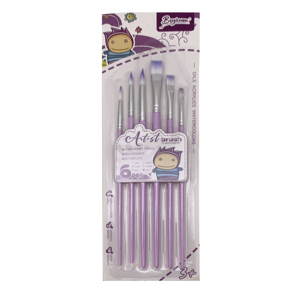 [E3048] Pincel de plástico y nylon x6, en bolsa, varios colores