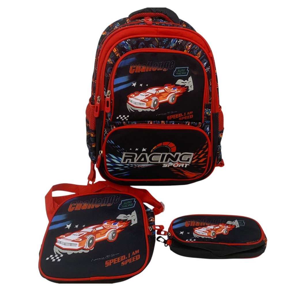 Mochila infantil, 2 bolsillos, con cartuchera y lunchera, en bolsa, varios diseños autos