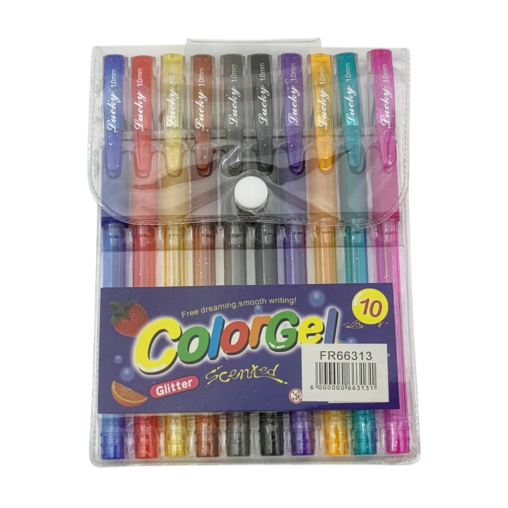[E3749] Lapicera de gel, x10 colores con brillantina, en estuche de PVC