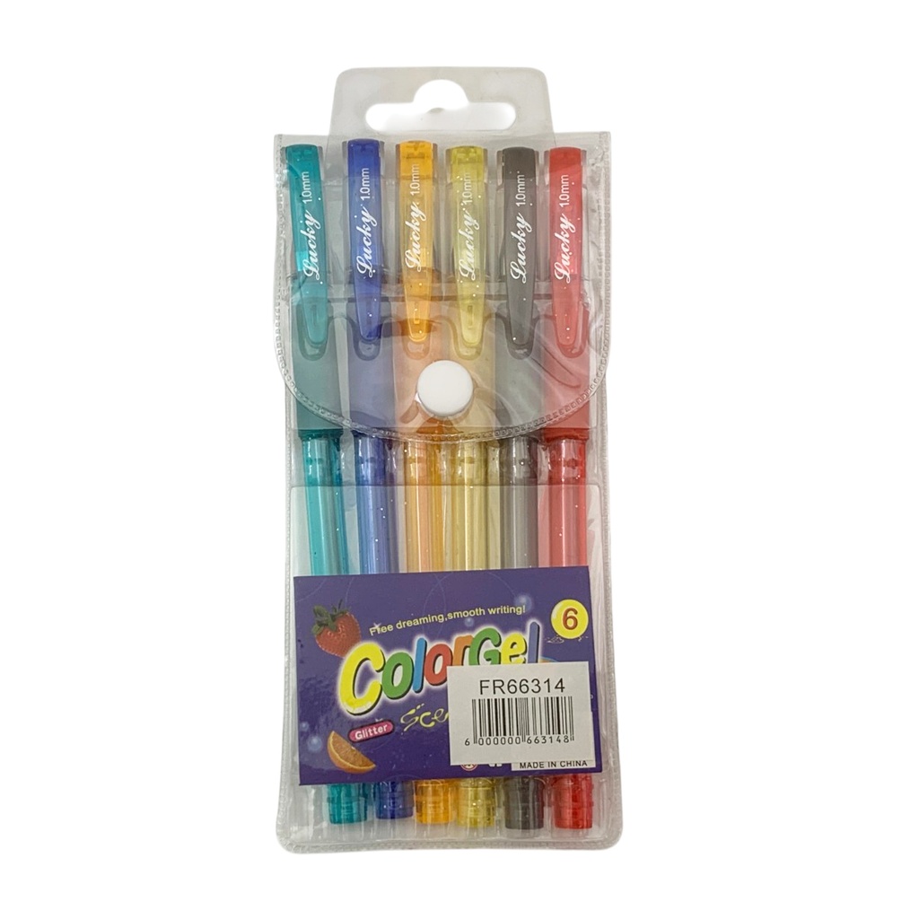 [E3750] Lapicera de gel, x6 colores con brillantina, en estuche de PVC