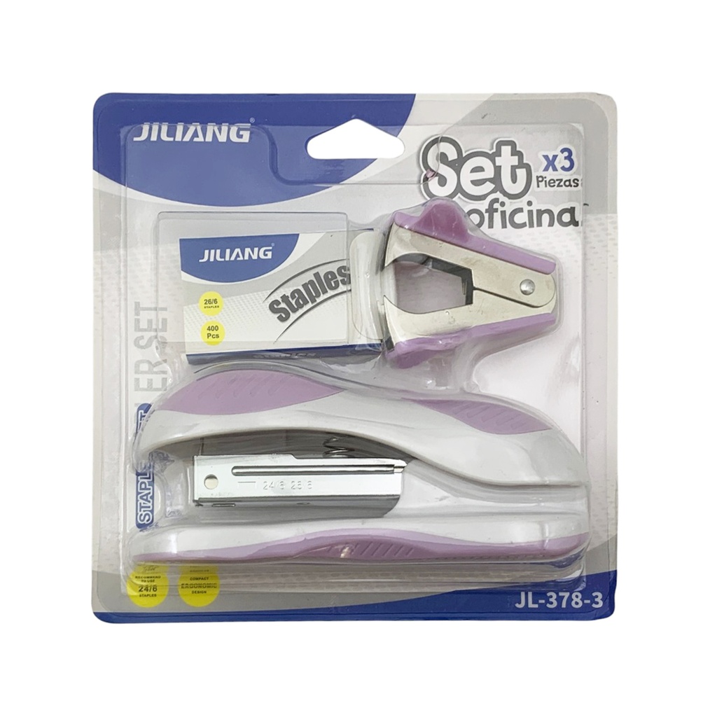 [E3762] Engrapadora 26/6 con grapas y sacaganchos, en blister, varios colroes