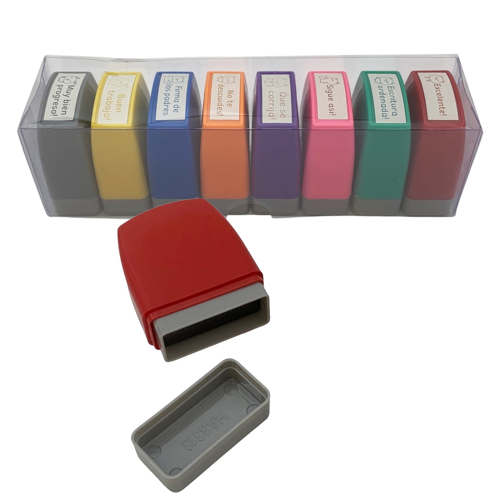 Sellos con frases surtidas PACK x8, en caja