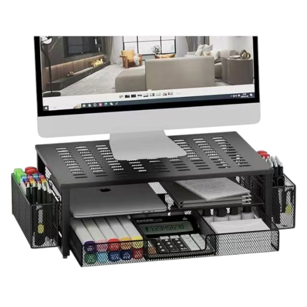 [E3774] Organizador de metal, para escritorio, con cajón y soporte para monitor, en caja