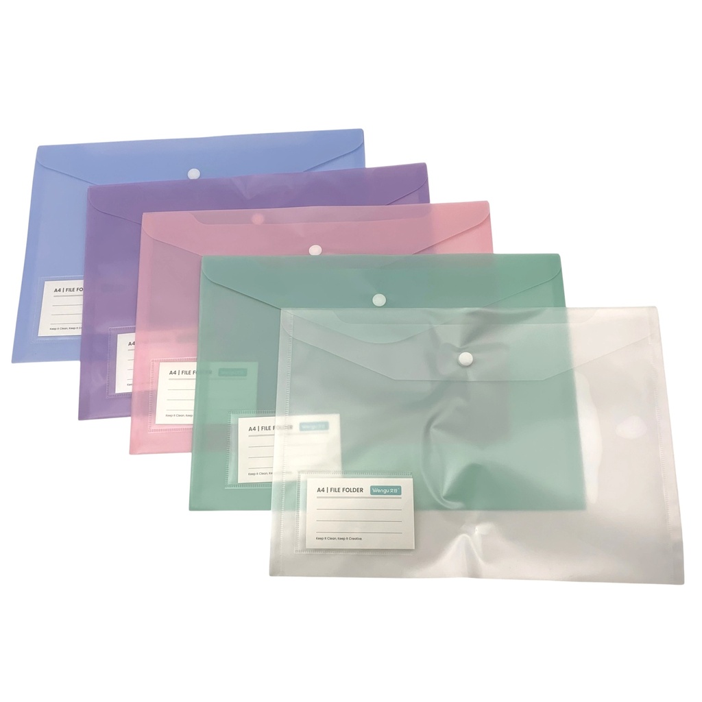 Sobre de PVC A4 con botón, varios colores pasteles, PACK x10