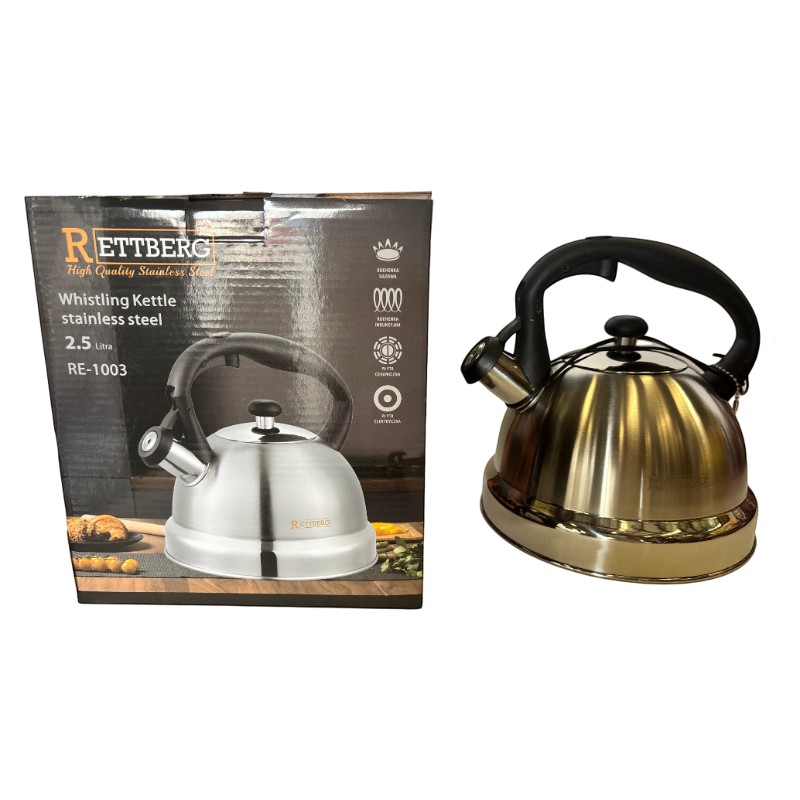 Caldera de acero inoxidable 2.5L, mango de plástico, pico retráctil con silbato, en caja