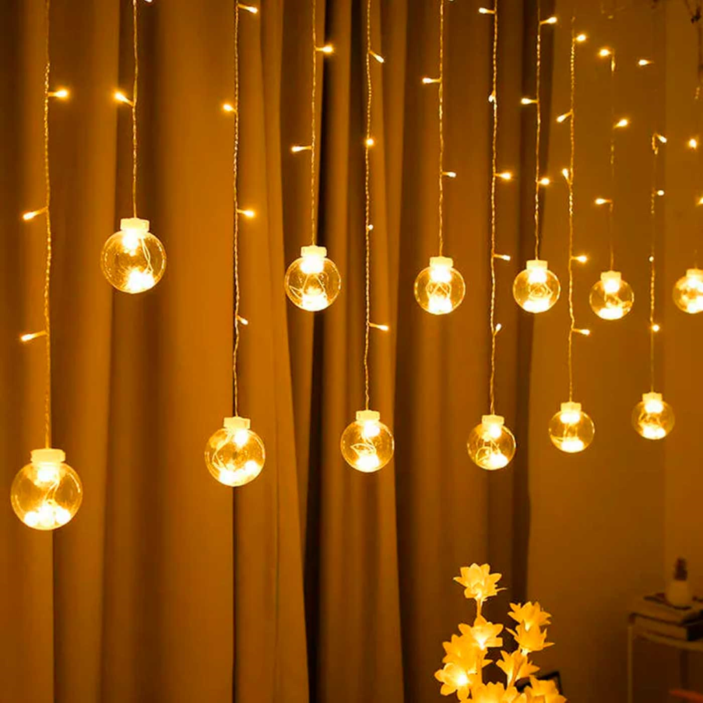 [HE1831] Luces x12 bolas grandes cálidas, 220v cortina extensible 3m, en bolsa