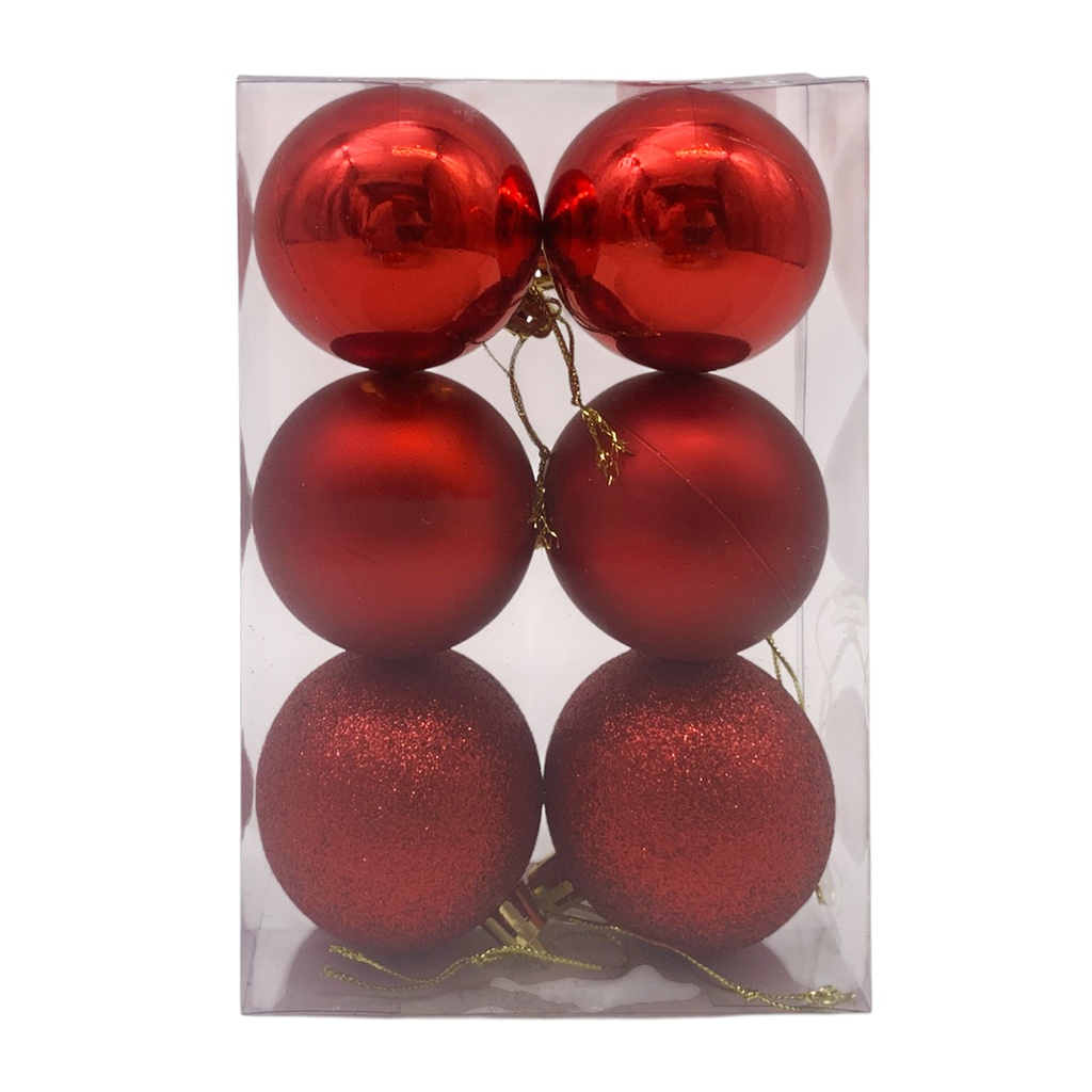 Bolas navideñas x6 6cm, 3 texturas, en caja de mica, varios colores