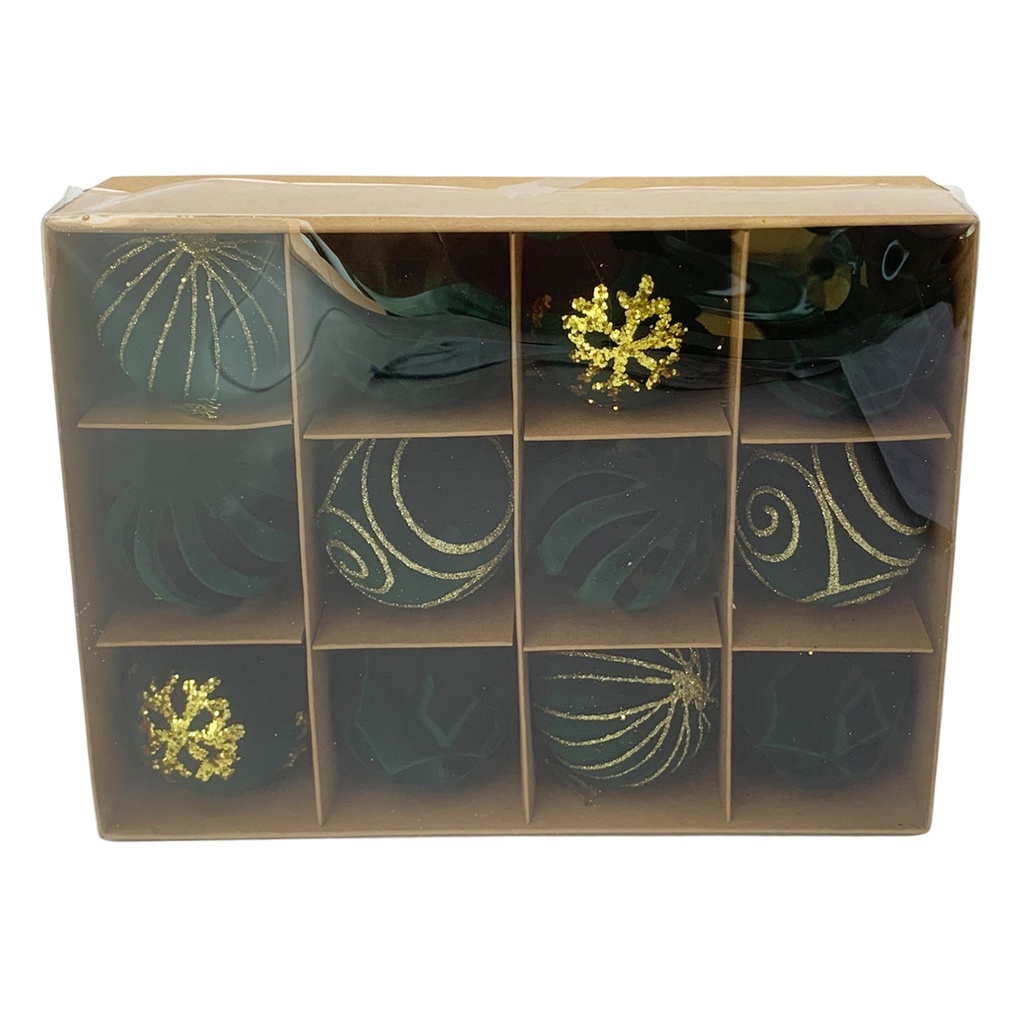 Bolas navideñas x12 6cm, textura símil terciopelo VERDE, en caja